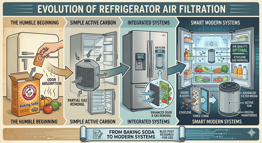 Timeline showing the shift from baking soda to modern refrigerator air filters.