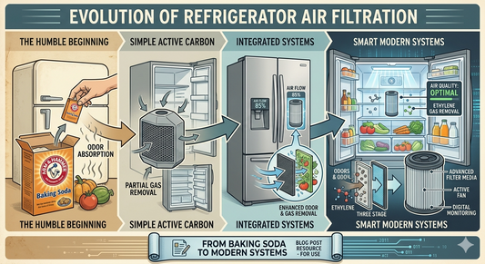 Timeline showing the shift from baking soda to modern refrigerator air filters.