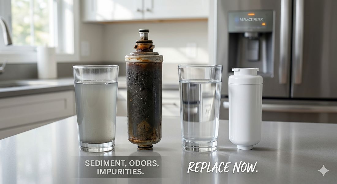 A comparison of a dirty, dark-stained water filter and a murky glass of water next to a clean white filter and a glass of clear, pure water.