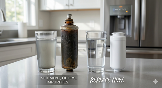 A comparison of a dirty, dark-stained water filter and a murky glass of water next to a clean white filter and a glass of clear, pure water.