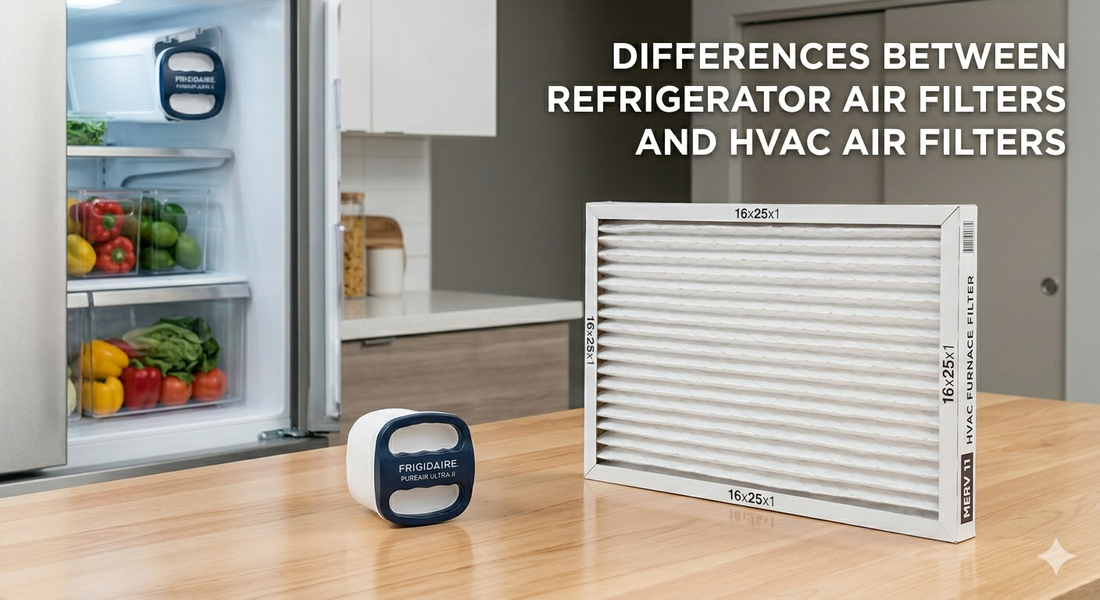 A comparison of a small refrigerator filter and a large HVAC furnace filter on a kitchen counter.