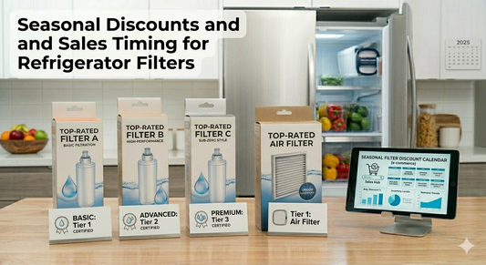 A seasonal discount and sales timing guide for refrigerator filters displayed on a tablet.