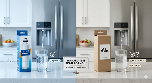 A split-screen comparison showing a name-brand filter in blue packaging with clear water versus an off-brand generic filter in plain brown packaging with slightly cloudier water.
