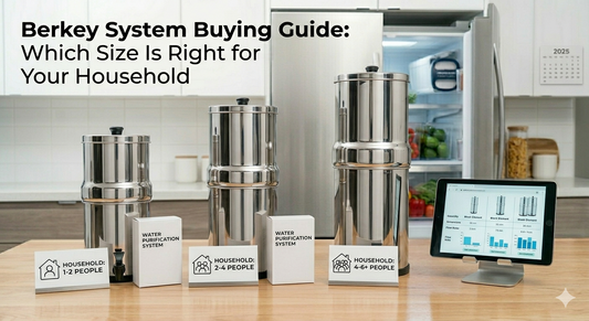 Three different sizes of Berkey water purification systems on a kitchen counter with household size guides.