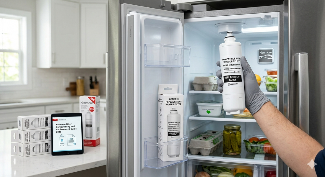 A person holding a replacement water filter next to an open Kenmore refrigerator, with a tablet showing a compatibility guide and boxes of generic filters on the counter.