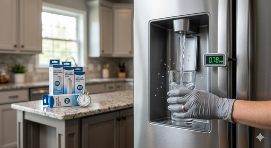 A close-up of a stainless steel refrigerator water dispenser filling a clear glass with a steady stream, showing a digital flow meter reading 0.78 GPM.