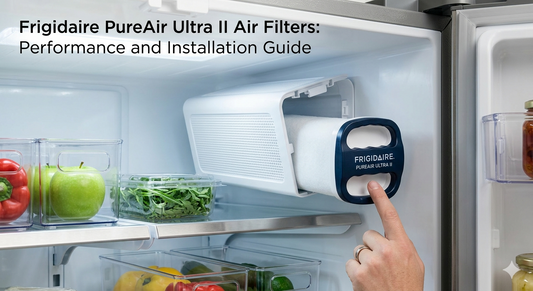 Frigidaire PureAir Ultra II filter being installed in a refrigerator.