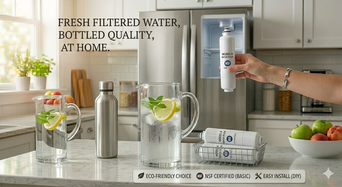 A lifestyle photo of a person placing a generic white water filter into a modern refrigerator next to a glass pitcher and a reusable metal bottle.