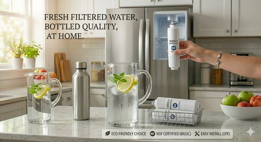 A lifestyle photo of a person placing a generic white water filter into a modern refrigerator next to a glass pitcher and a reusable metal bottle.