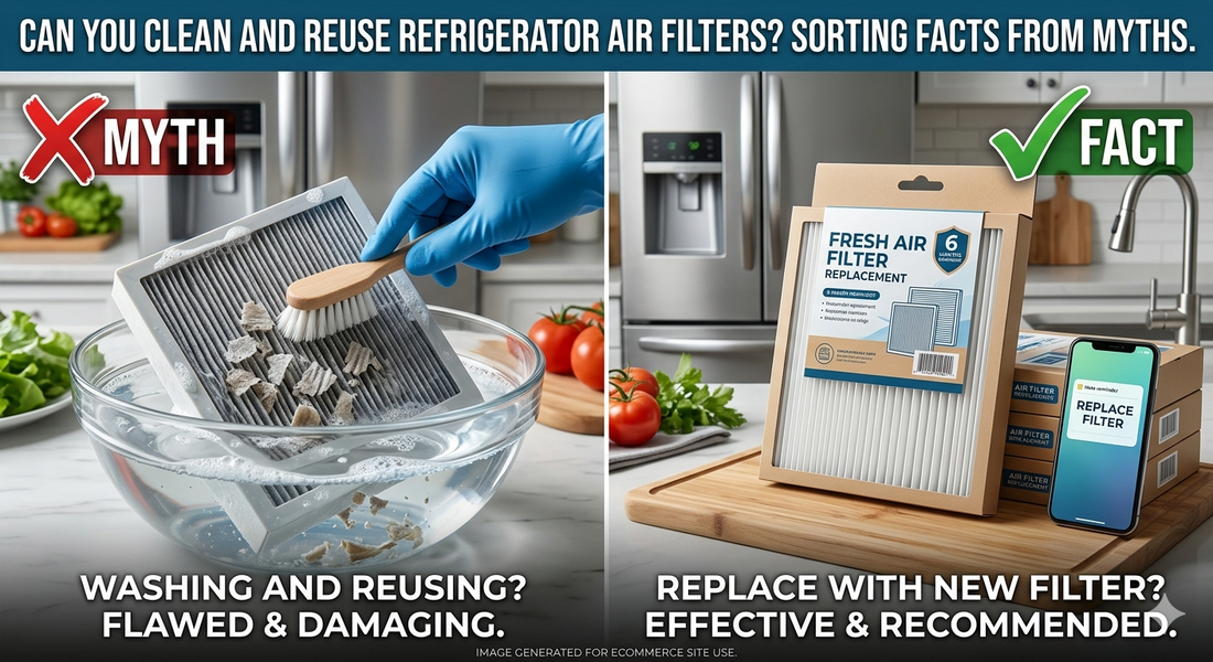A comparison of a person cleaning an air filter with water and a new, clean air filter, debunking the myth of reusing filters.