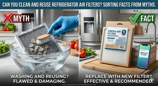A comparison of a person cleaning an air filter with water and a new, clean air filter, debunking the myth of reusing filters.