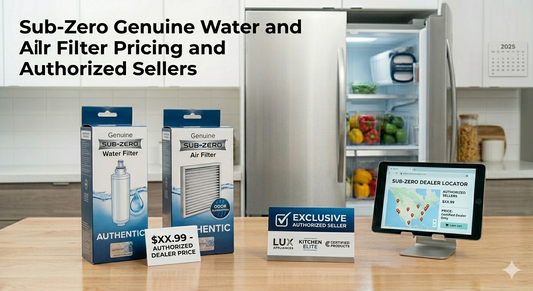 Sub-Zero water and air filters with authorization details on a kitchen counter.