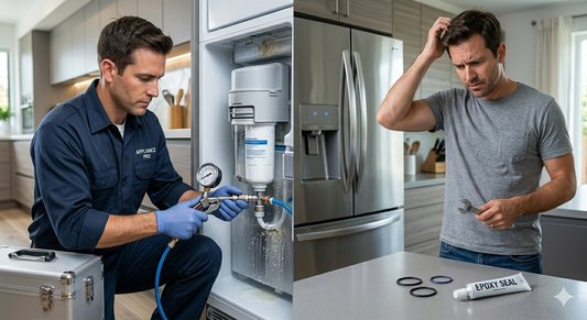 A split photo contrasting a professional technician diagnosing a refrigerator manifold with a puzzled homeowner holding epoxy and O-rings.