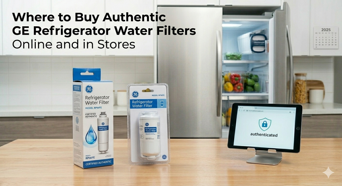 GE refrigerator water filters in packaging on a kitchen counter, next to an 'authenticated' tablet.