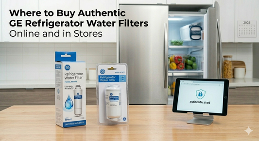 GE refrigerator water filters in packaging on a kitchen counter, next to an 'authenticated' tablet.