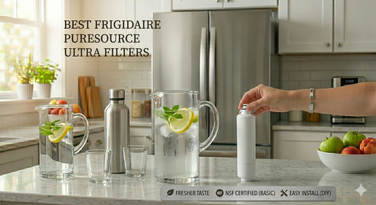 Hand picking up a Frigidaire PureSource Ultra water filter next to a fresh lemon water pitcher.