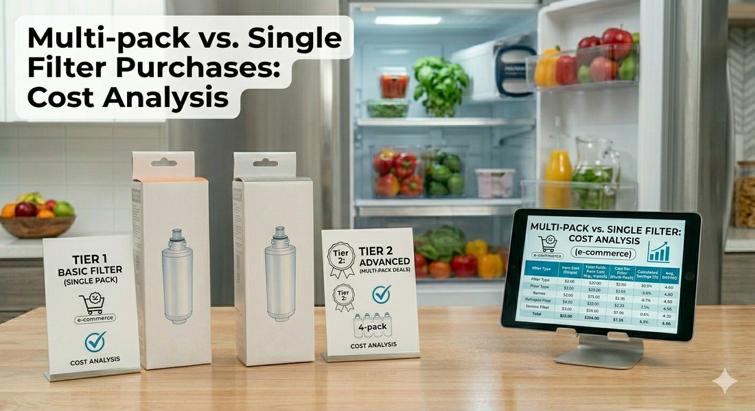 Comparison of single-pack versus multi-pack refrigerator filters with a cost analysis chart on a tablet.