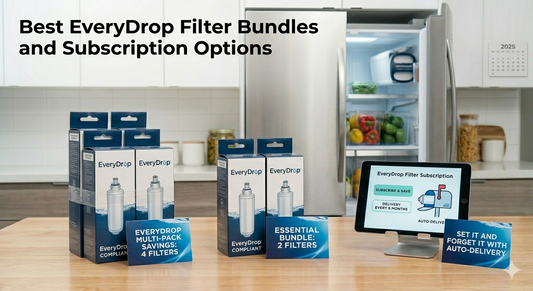 EveryDrop filter bundles and a tablet showing subscription options on a kitchen counter.