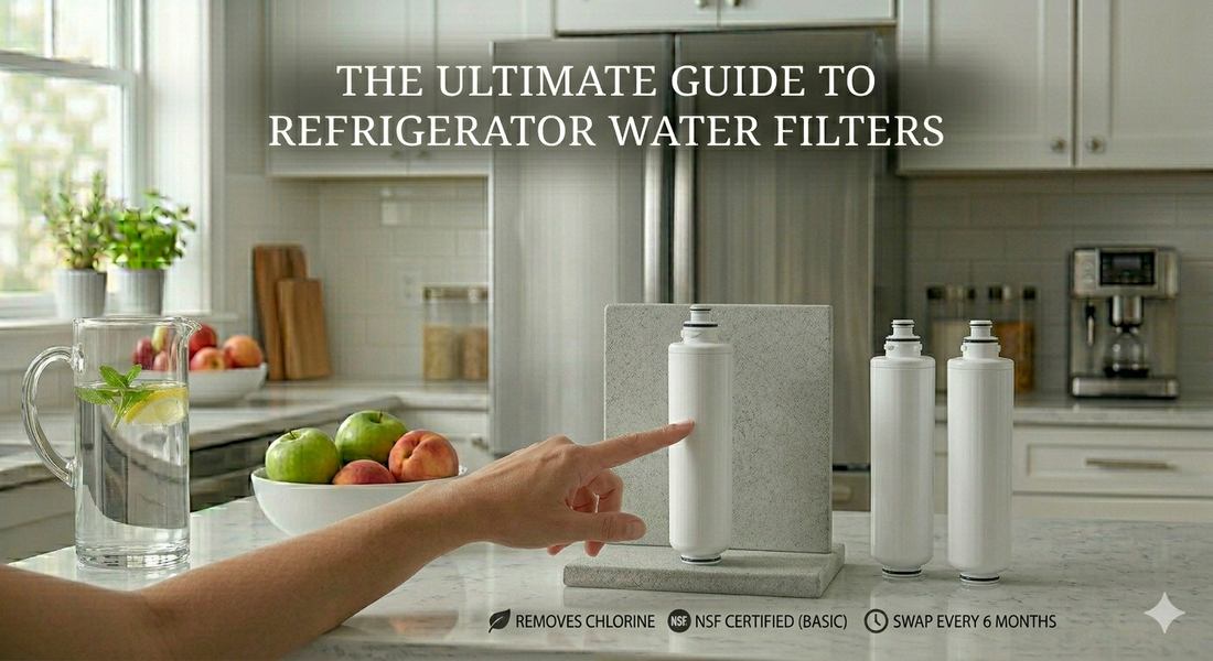 A composite image of a hand pointing at a generic white refrigerator water filter next to a water pitcher on a kitchen counter, highlighting standard specifications below.
