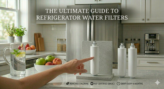 A composite image of a hand pointing at a generic white refrigerator water filter next to a water pitcher on a kitchen counter, highlighting standard specifications below.