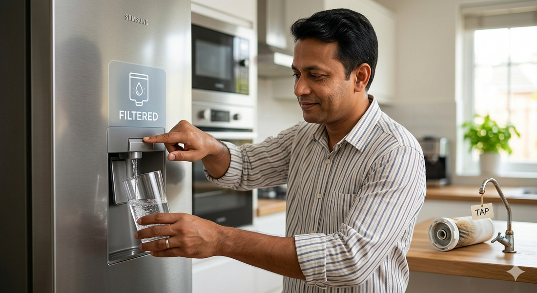 A smiling man filling a glass with crisp, filtered water from a modern refrigerator dispenser, contrasting with a rusty tap and a dirty, used water filter on the counter behind him.