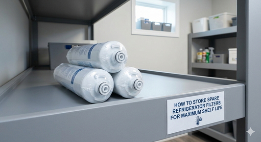 Neat stack of four new, plastic-wrapped refrigerator filters on a grey utility shelf, labeled for storage.