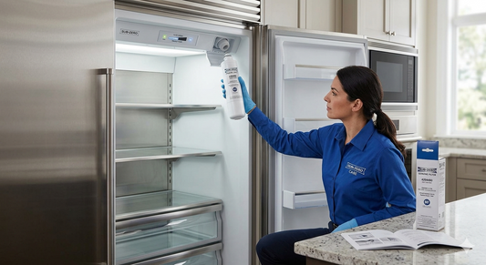 A Sub-Zero care technician wearing a blue uniform and gloves is kneeling inside a kitchen, carefully inserting a genuine white replacement water filter into the upper housing unit of an open built-in stainless steel refrigerator.