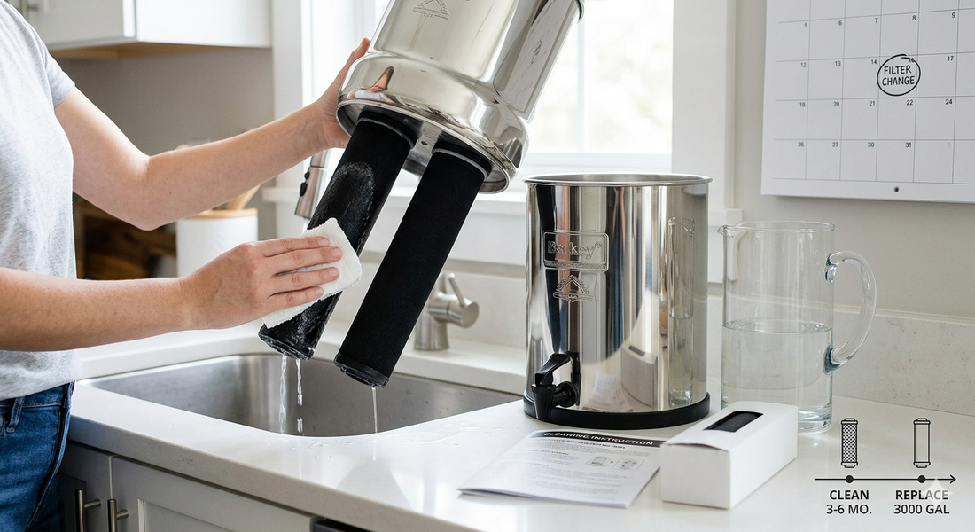 A person cleaning a Black Berkey element over a sink next to a stainless steel water filter system.
