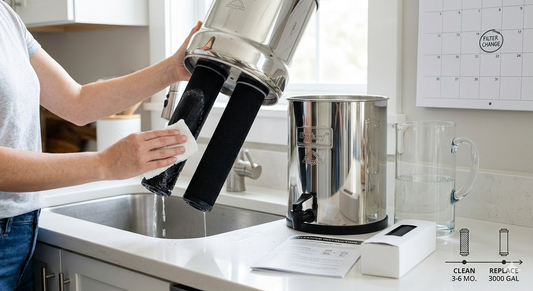 A person cleaning a Black Berkey element over a sink next to a stainless steel water filter system.