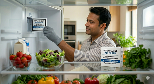 A person in a striped shirt reaches into a brightly lit refrigerator to snap a new activated carbon air filter into its housing.