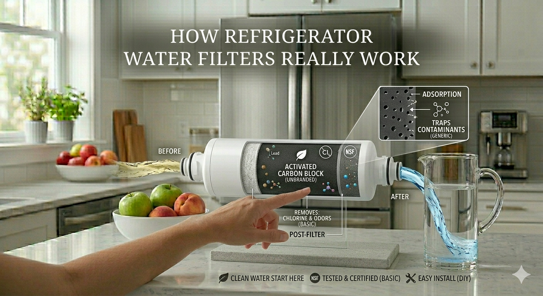 A composite infographic showing a cutaway view of a generic refrigerator filter cartridge explaining how mechanical and activated carbon filtration stages work to remove contaminants.