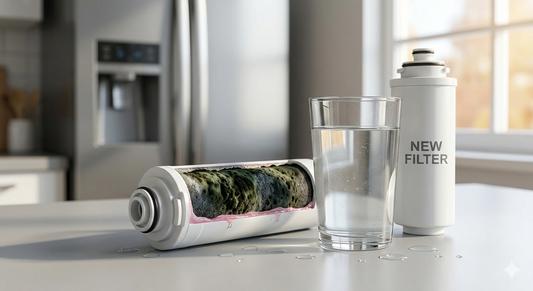 A close-up view of a sliced water filter cartridge revealing dark mold and pink biofilm contamination inside, contrasting with a new white filter and a glass of water.