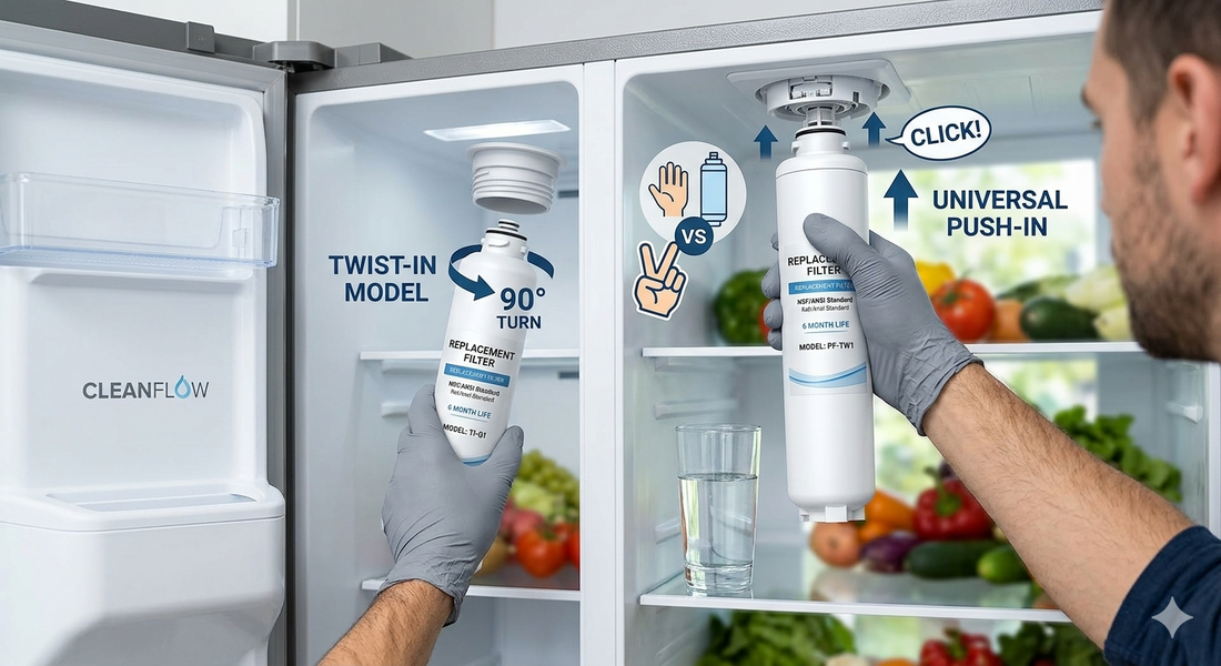 A side-by-side visual comparison of a person installing a twist-in refrigerator filter with a 90-degree turn versus a universal push-in filter that clicks into place.