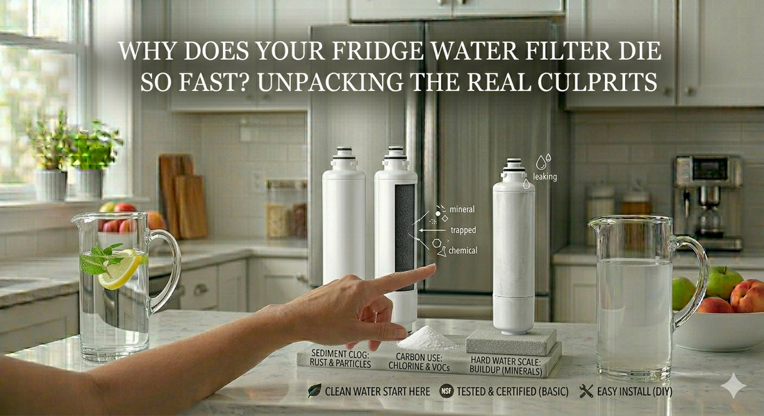 An infographic of a hand pointing at a cutaway refrigerator filter showing how sediment, carbon use, and hard water scale cause early failure.