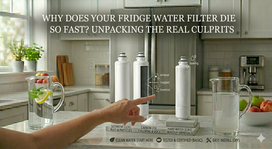An infographic of a hand pointing at a cutaway refrigerator filter showing how sediment, carbon use, and hard water scale cause early failure.