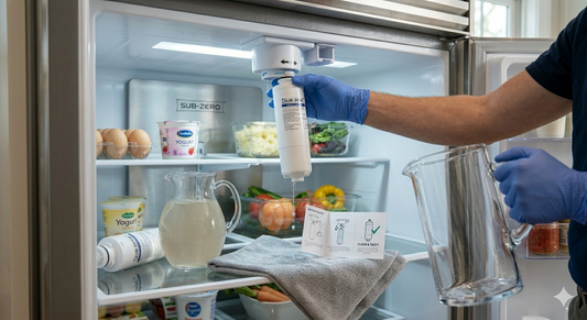 A technician wearing gloves flushing a new Sub-Zero refrigerator water filter by dispensing water into a clear pitcher.