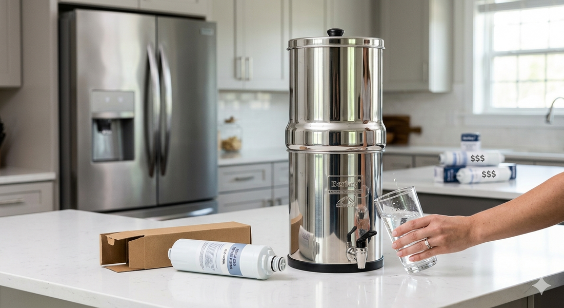 A stainless steel Berkey gravity water system on a kitchen island being used to fill a glass, while an unused refrigerator filter sits in the foreground as a comparison.