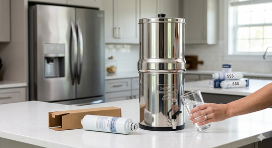 A stainless steel Berkey gravity water system on a kitchen island being used to fill a glass, while an unused refrigerator filter sits in the foreground as a comparison.