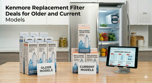 Kenmore replacement water filters for older and current models on a kitchen counter, next to a tablet showing deals.