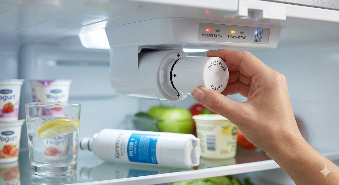 A person inserting a bypass plug into a Kenmore refrigerator's filter housing to allow unfiltered water flow.