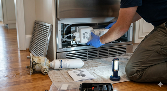 A technician in blue gloves installing a new water filter manifold assembly into the base of a Sub-Zero refrigerator.