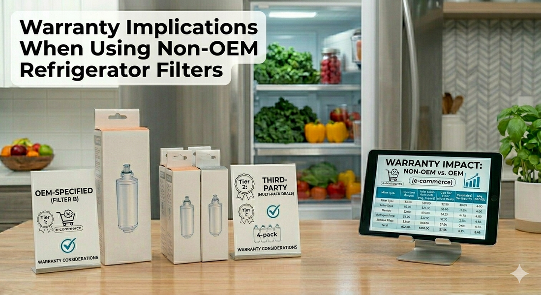 Comparison of OEM-specified versus third-party refrigerator filters with a warranty impact chart on a tablet.