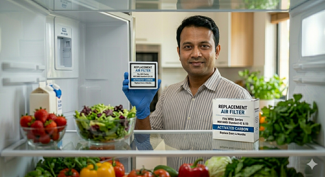 A man in a striped shirt holding a square activated carbon air filter in front of an open refrigerator, with the filter's retail packaging visible on the shelf.