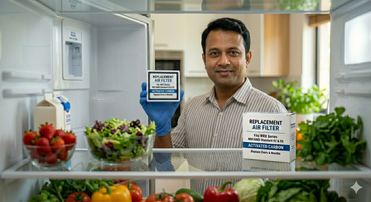 A man in a striped shirt holding a square activated carbon air filter in front of an open refrigerator, with the filter's retail packaging visible on the shelf.