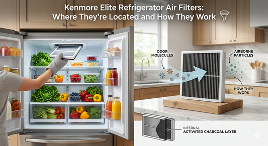 Split-screen view of a hand removing a refrigerator air filter and a diagram of an active charcoal filter.