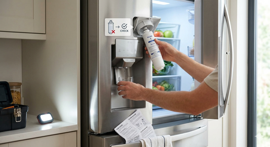 A person inspecting and replacing a refrigerator water filter while troubleshooting low water flow from the dispenser.