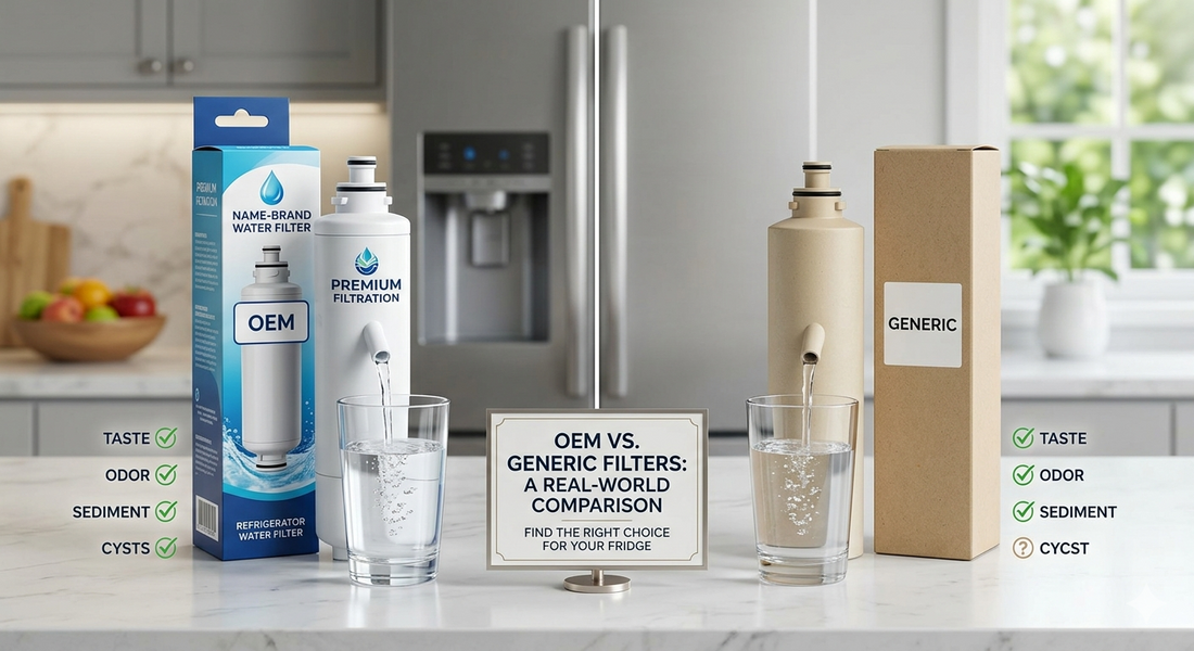 A split-screen comparison showing a name-brand filter in blue packaging with clear water versus a generic filter in plain brown packaging with slightly cloudier water.