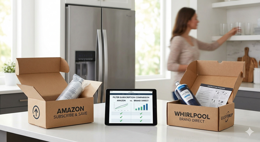 A comparison of refrigerator water filter subscription boxes from Amazon and brand direct.