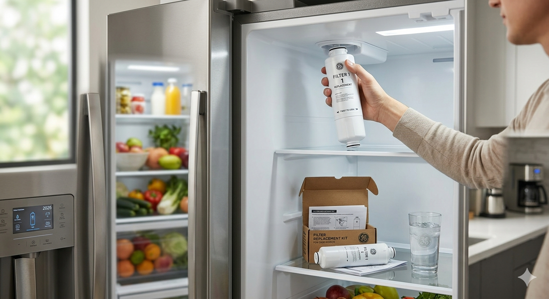 A person inserting a new GE-compatible water filter into a French door refrigerator's interior housing.