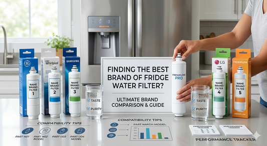 An infographic-style photo on a kitchen counter, showing multiple different name-brand refrigerator water filters in their boxes next to two glasses of water, with text labels for performance, quality, and a large sign asking "Finding the Best Brand?".